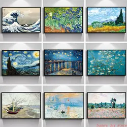 Famous Artist Van Gogh Monet Oil Canvas Painting Starry Sky Iris Flower The Great Wave Poster Print Picture Wall Decor Mural