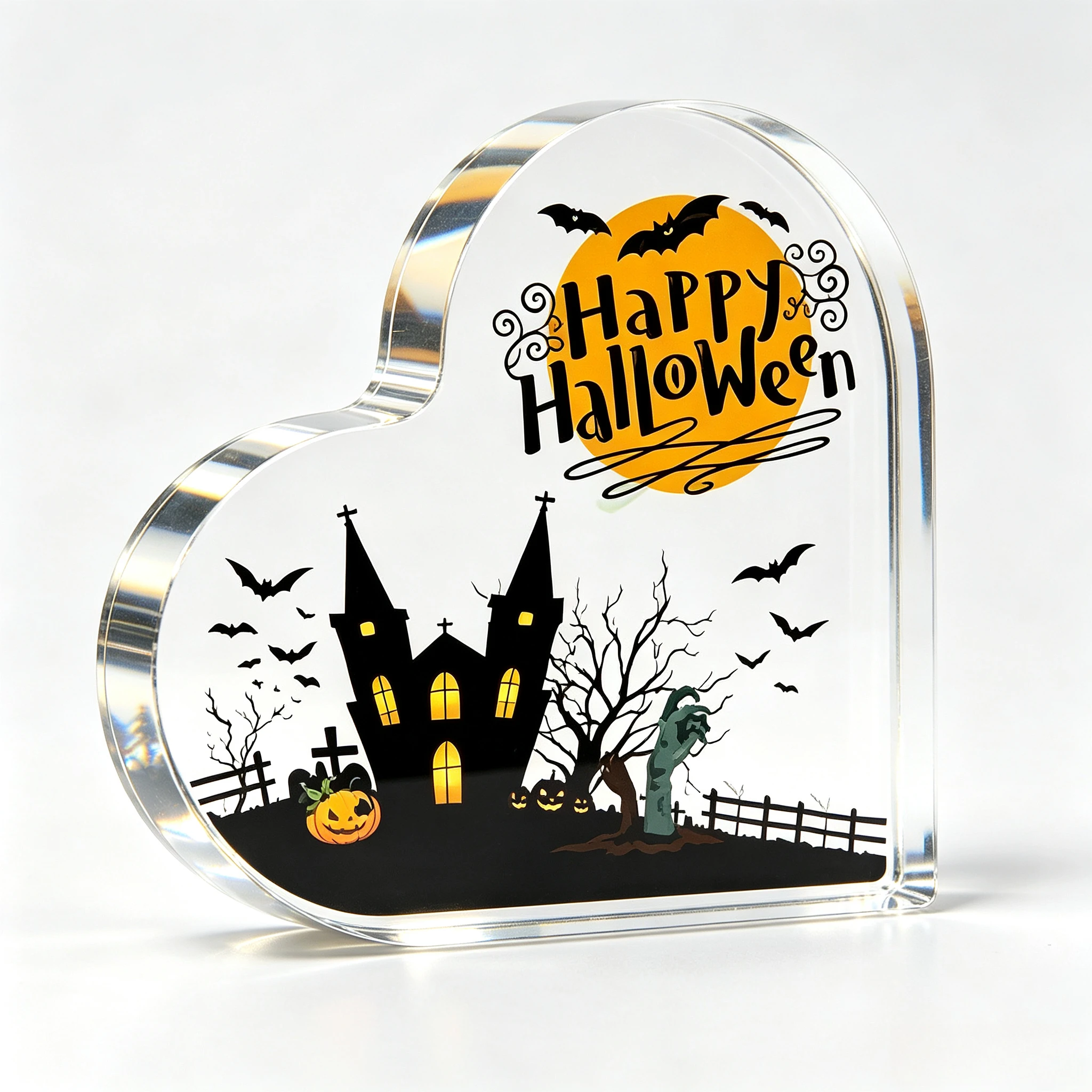 Happy Halloween Haunted Castle Bat Pumpkin Zombie Hand Heart‑Shaped Clear Acrylic Plaque Tabletop Keepsake Ornament Gravely Moon Desk Shelf Halloween Party Home Decor Gift