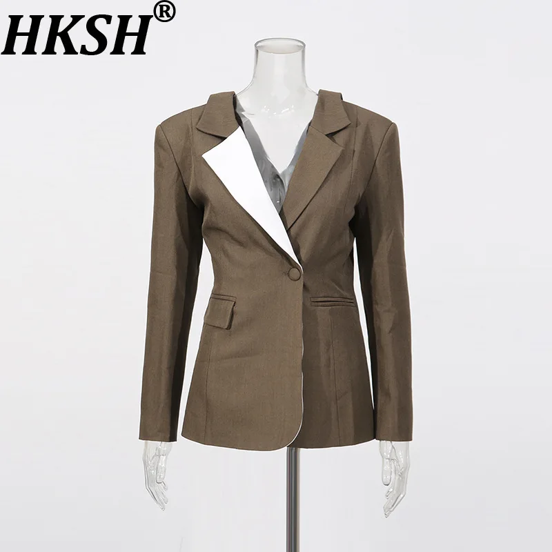 

HKSH Spring Autumn New Women Blazer Color Block Single Button Slim Fit Asymmetric Versatile Elegant Fashion Trend Jacket HK17868
