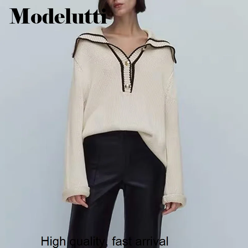 Autumn 2023 New Winter Fashion Women Long Sleeve Lapel Knitted Sweater Loose Pullover Simple Casual Tops Female Chic