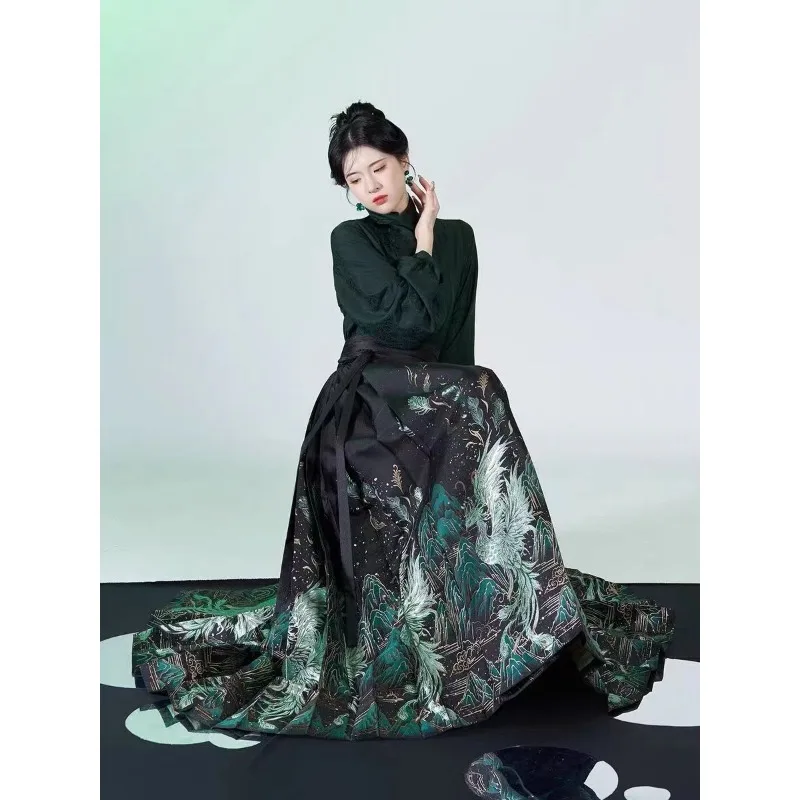 Chinese Women Traditional Dress Black Stand Up Collar Long Sleeved Shirt Landscape Print Horse Faced Skirt Modified Modern Hanfu