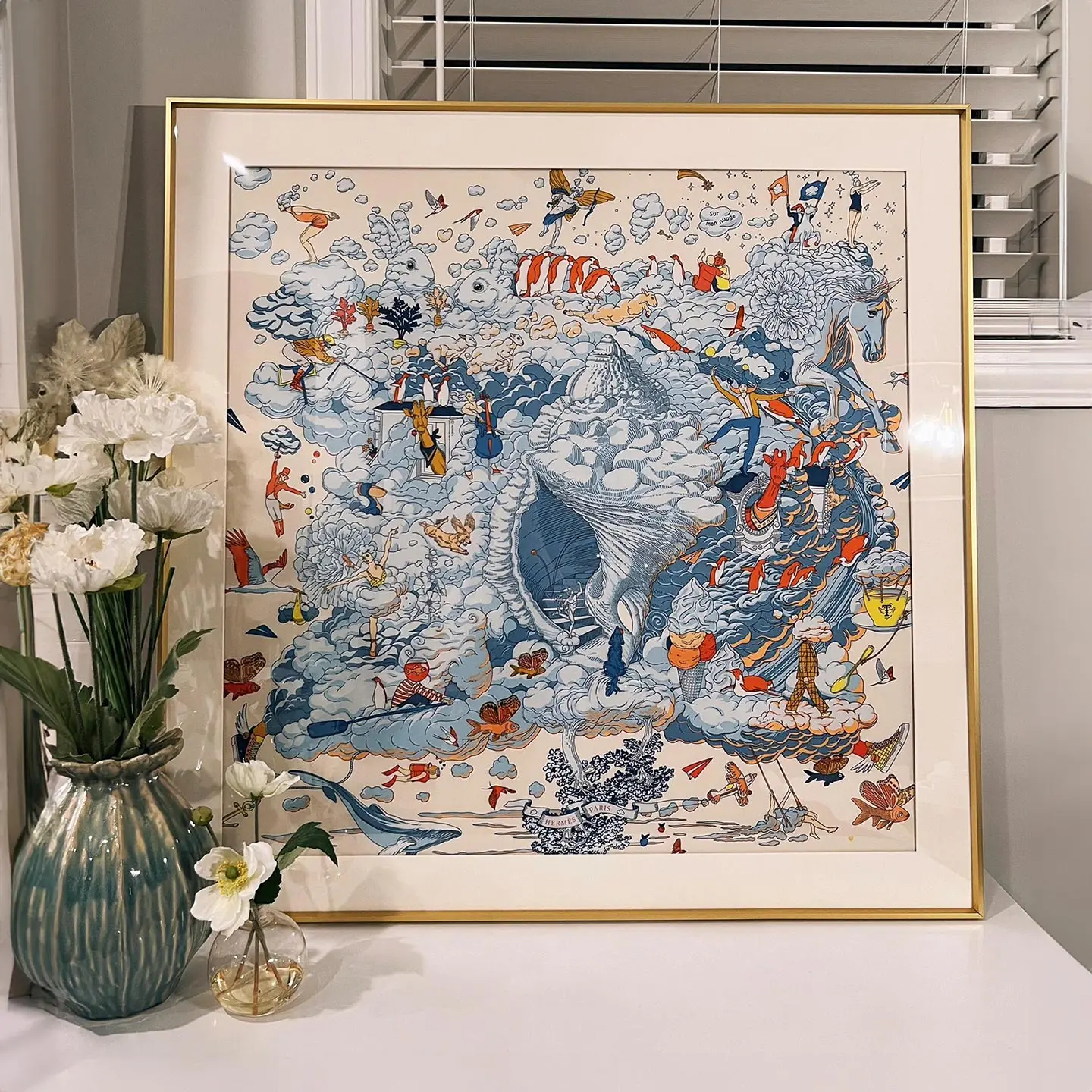 Framed Luxury Silk Scarf Wall Art Fantasy Myth Fairytale Pattern Silk Print Painting Classical Living Room Villa Wall Decoration