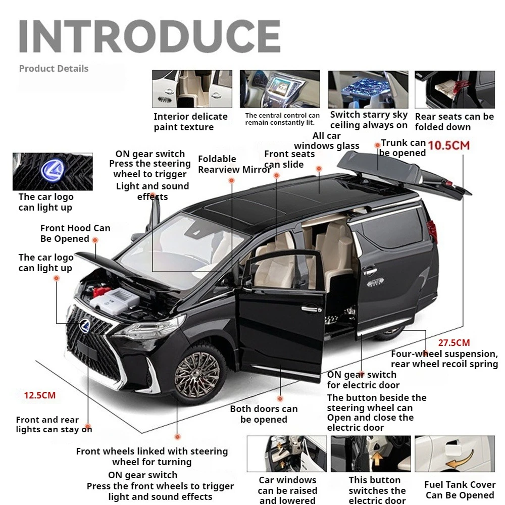 1:18 LM300 Prado Modelli in lega pressofusa Giocattoli Auto Suono Luce Tirare indietro Porte aperte Volante anteriore Auto Regali per bambini Festival