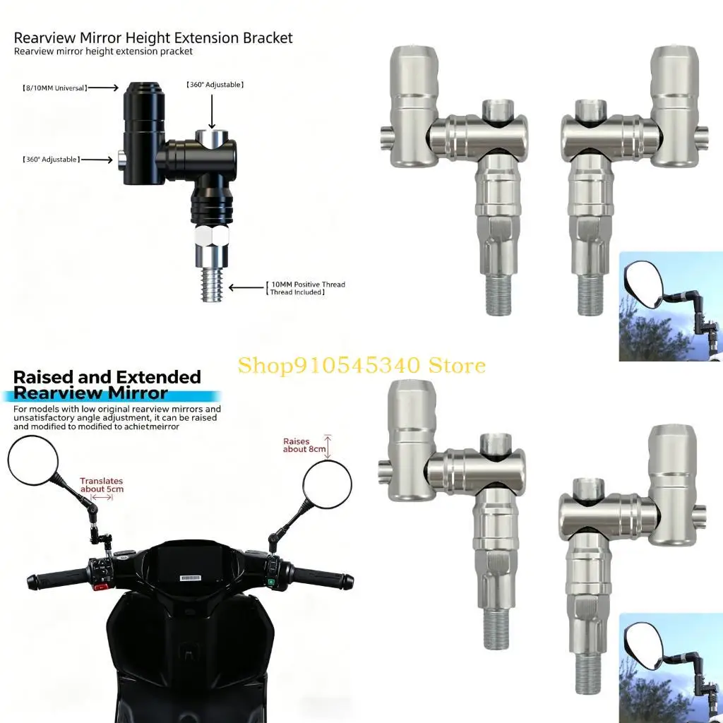 U2JA 2Pcs Universal Motorcycle Side Mirror Risers Bracket with Height Extension Aluminum Alloy Construction Extender Adapter