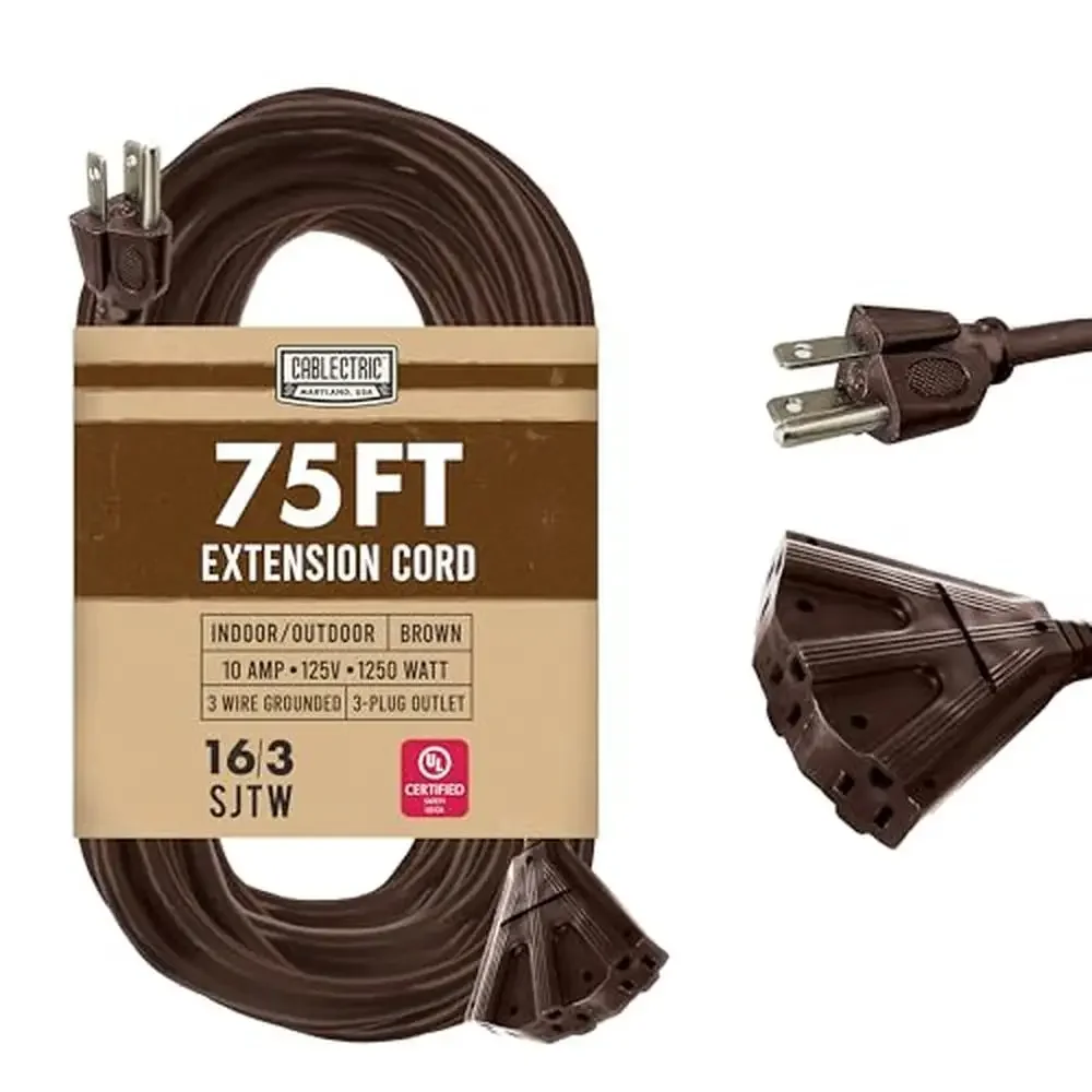 

75 ft Brown Outdoor Extension Cord 3 Outlet Triple Tap Heavy Duty Weatherproof SJTW 16/3 Exterior Cord UL Certified 10A 125V