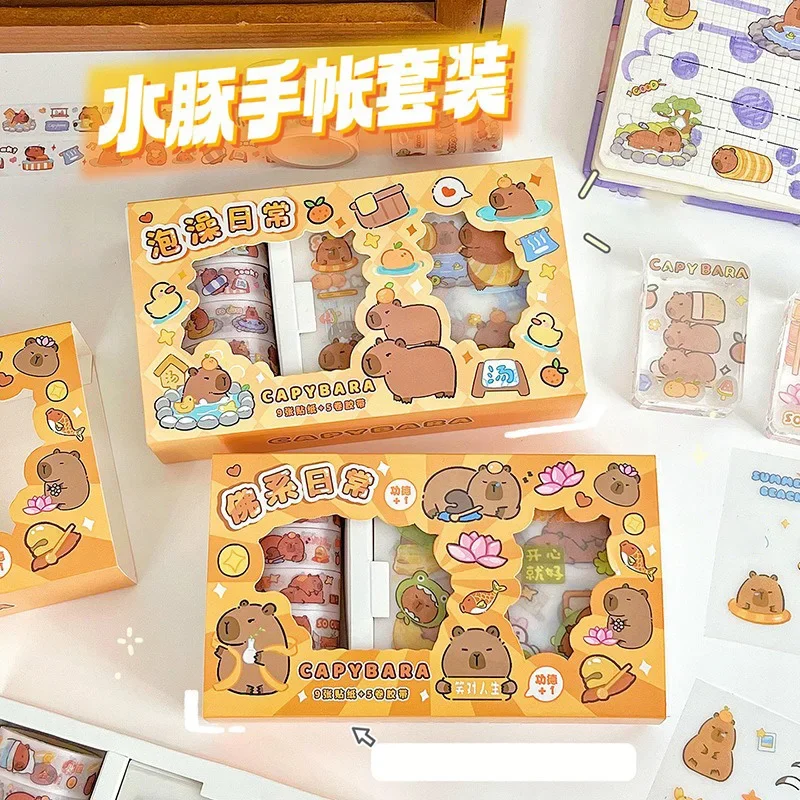14 unids/caja de pegatinas de dibujos animados de capibara, conjunto con caja de regalo con cinta Washi, Material de Collage DIY, diario, álbum de recortes, regalo de papelería para niños