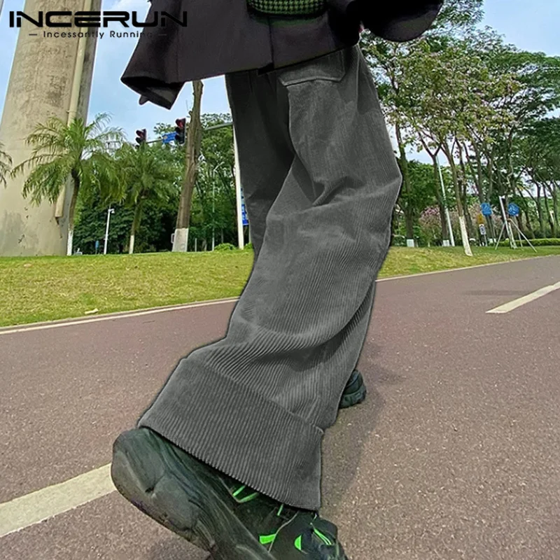

INCERUN Men Casual Loose Long Pants 2025 Korean Fashion Elastic Waist Ninth Trousers Handsome Pockets Solid Color Wide Leg Pants