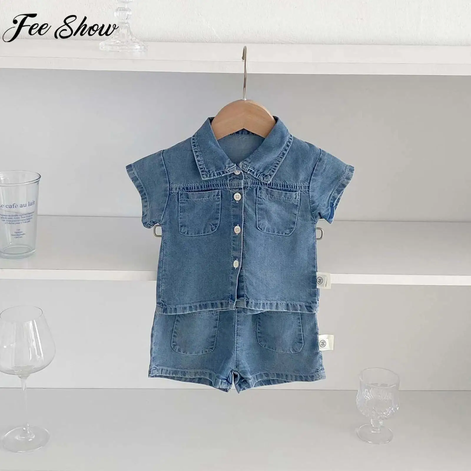 

Летняя модная повседневная джинсовая одежда для маленьких мальчиков, джинсовая куртка с короткими рукавами и лацканами, шорты с эластичной резинкой на талии для повседневной школьной вечеринки