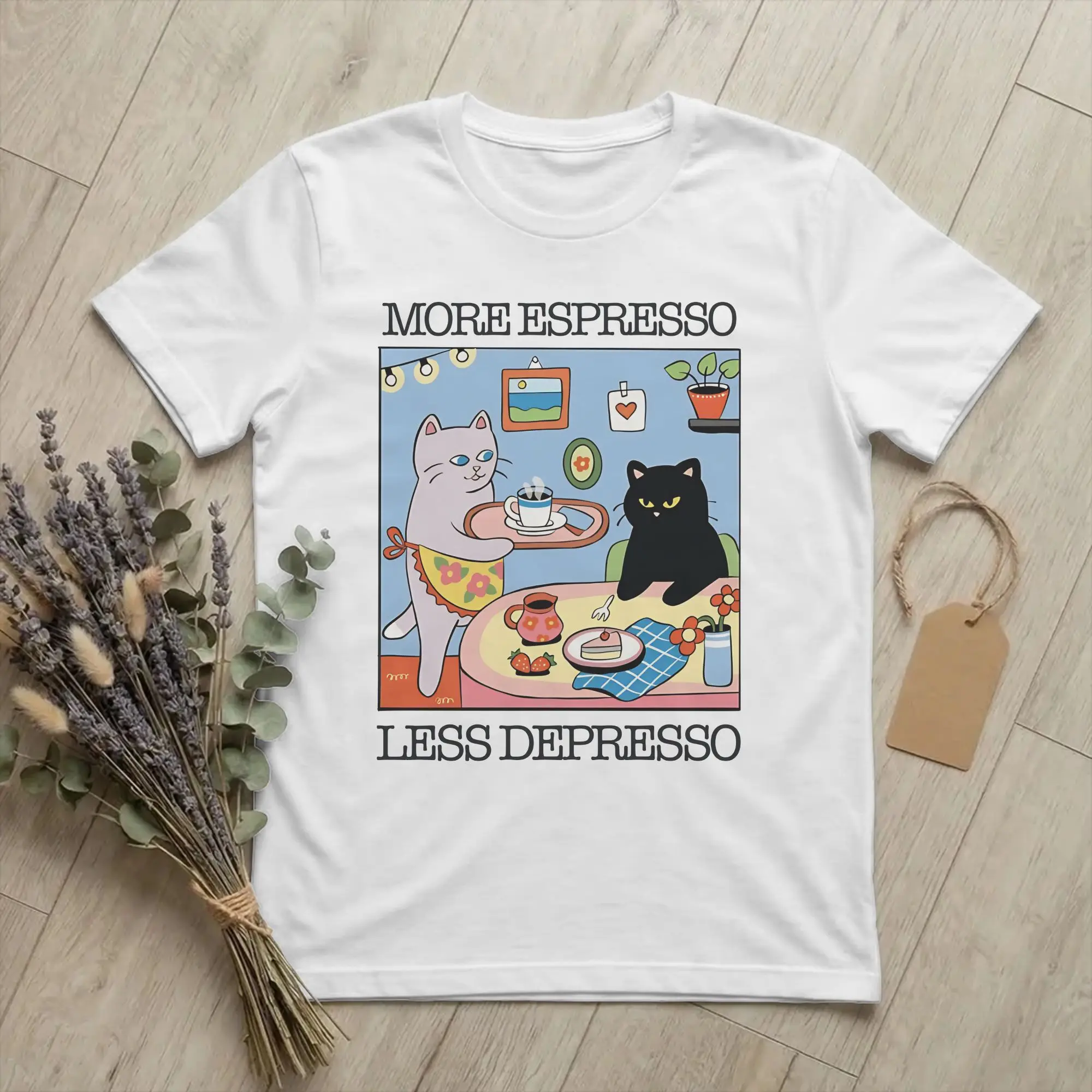 Cute cat More Espresso Less Depresso   Tshirt Men Cotton Clothes Aesthetic  Round Neck Short Sleeve
