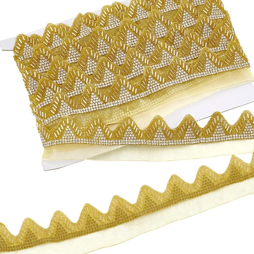 

Glass Seed Beads Rhinestone Lace Ribbon Triangle Polyester Ribbon for Sewing Accessories Goldenrod 1-5/8 inch(41mm)