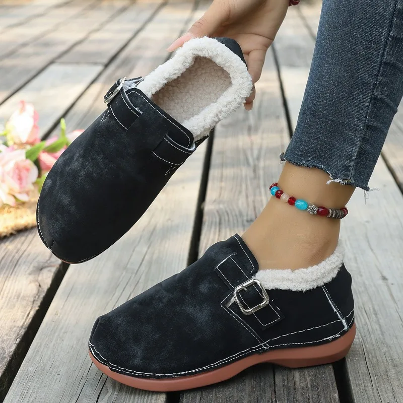 Women's Casual Slip-On Shoes Warm Fleece Lined Retro Artistic Autumn Winter Boots Anti-Slip Comfortable Bean Bean Shoes