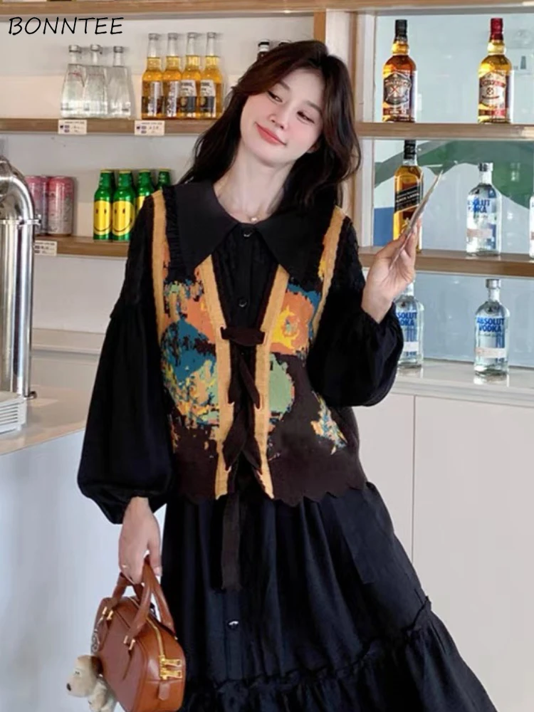 

Knitted Sweater Vest Women Versatile Lace-up All-match Sweet Vintage Preppy Age-reducing Oil Painting Tops Outwear Spring Autumn