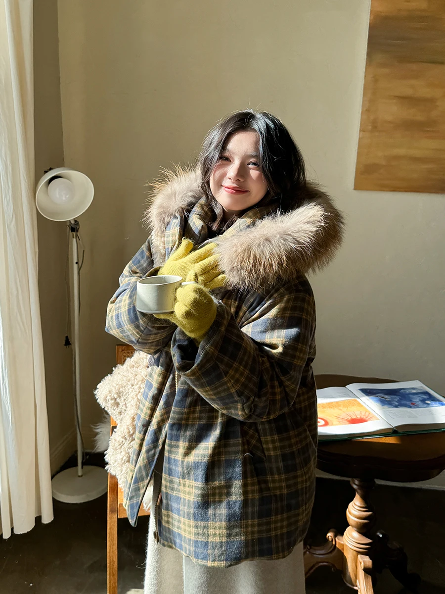 

Пуховик Annforest в клетку с капюшоном и большим меховым воротником, из цветной тканой хлопковой ткани, теплый, для зимнего сезона, стандартная длина