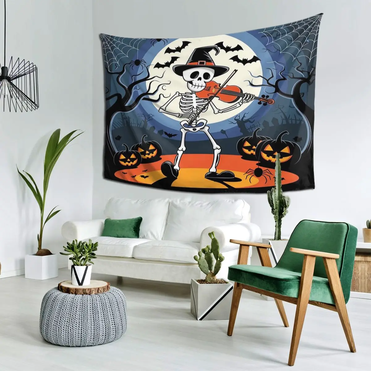 Halloween Skeleton With A Violin In Cobwebs Tapestry Hippie Wall Hanging Aesthetic Home Decor Tapestries for Living Room Bedroom