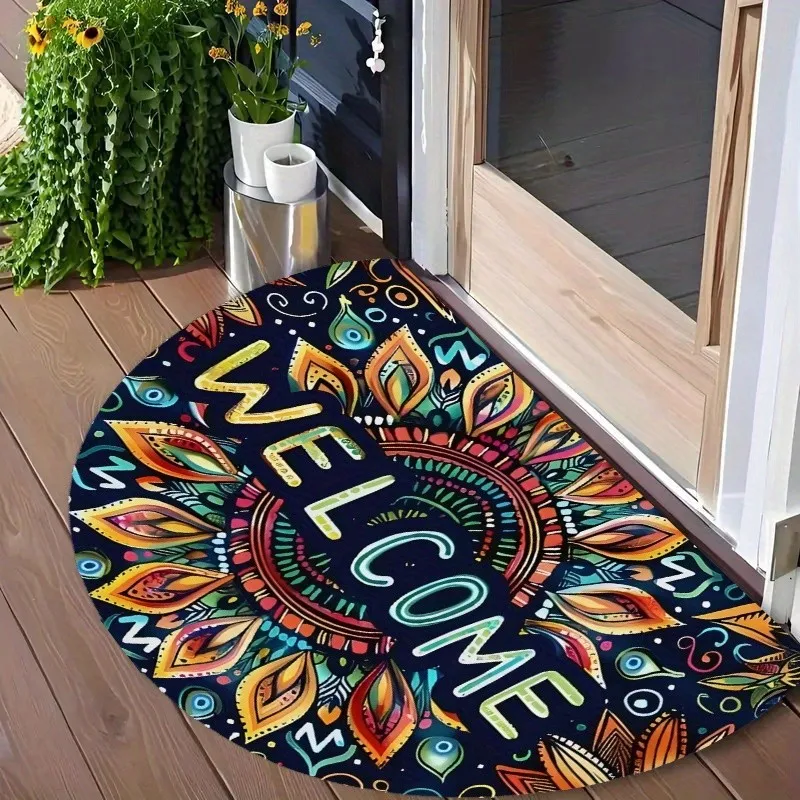 Rainbow Pencil Art Style Semicircle Cork Texture Welcome Print Anti Slip Dust Removing Front Entrance Doormat