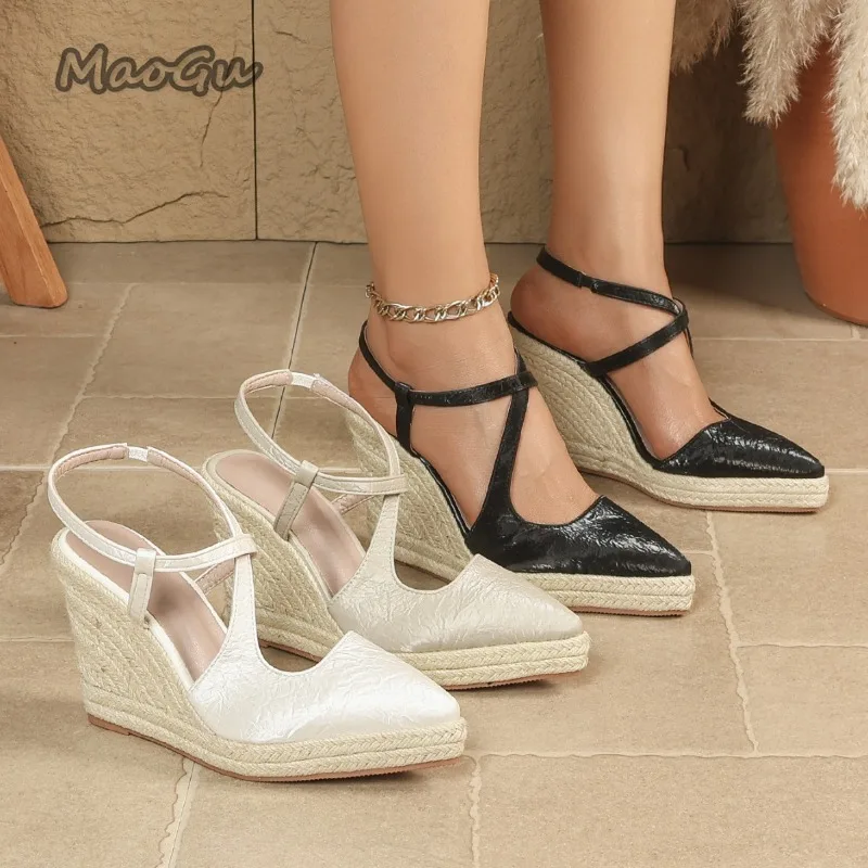 Sandalias de cuña con punta en pico para mujer, estilo espadrille, con tira en T, tacón alto, plataforma de yute, zapatos de verano, tallas 35-42, Zapatos Mujer