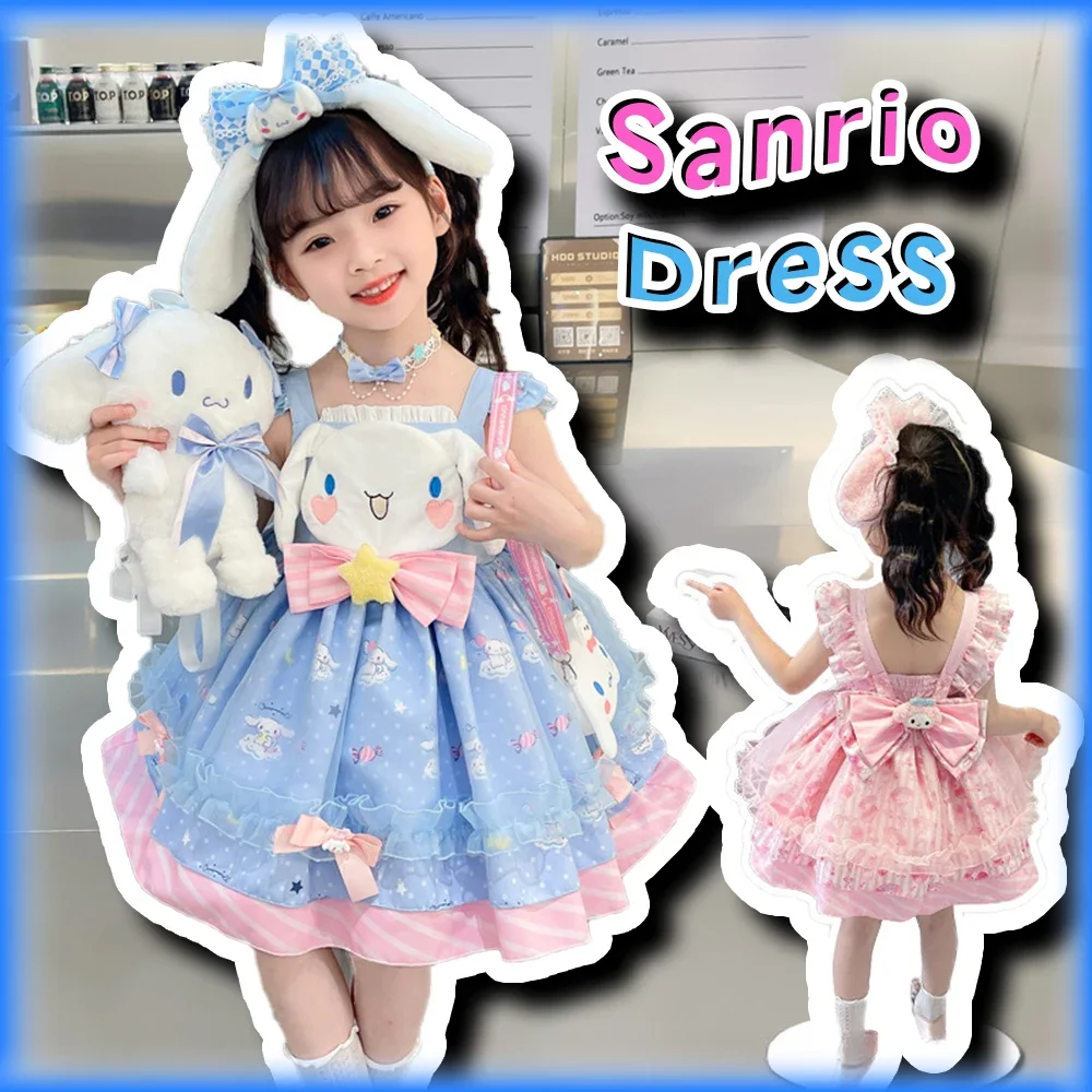 

Kawaii 2024 New Cinnamoroll Kids Sleeveless Dress Sanrio Anime My Melody Girls Cute Lolita Summer Cosplay Puff Princess Dress