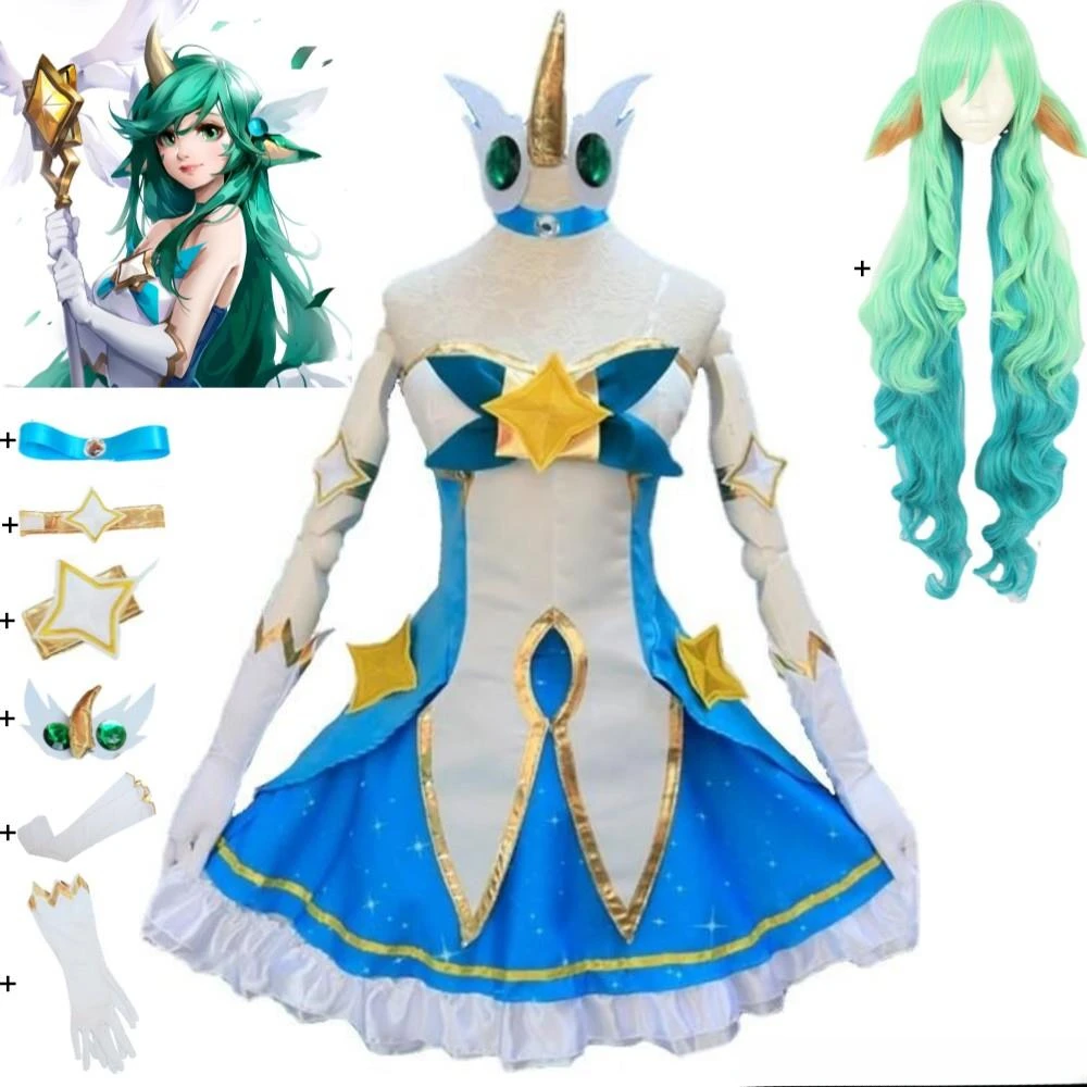 

Game LOL Star Guardian of Soraka Cosplay Costume The Starchild Wig Ears Horn Anime Lolita Dress Halloween Sexy Women Green Suit