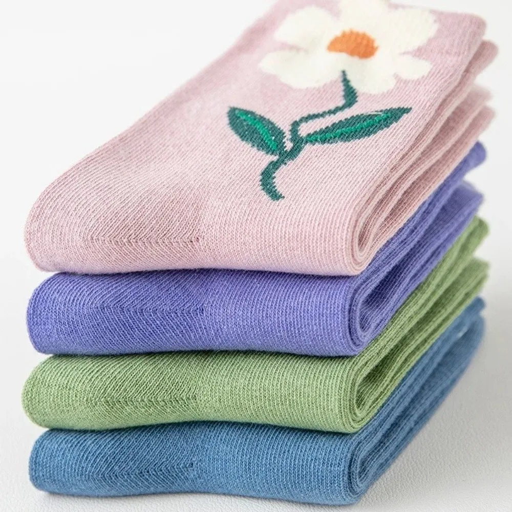 4 Pairs Comfortable Breathable Girls Socks Candy Color Cute Flower Girls Calf Socks Mid Tube Children's Socks Spring