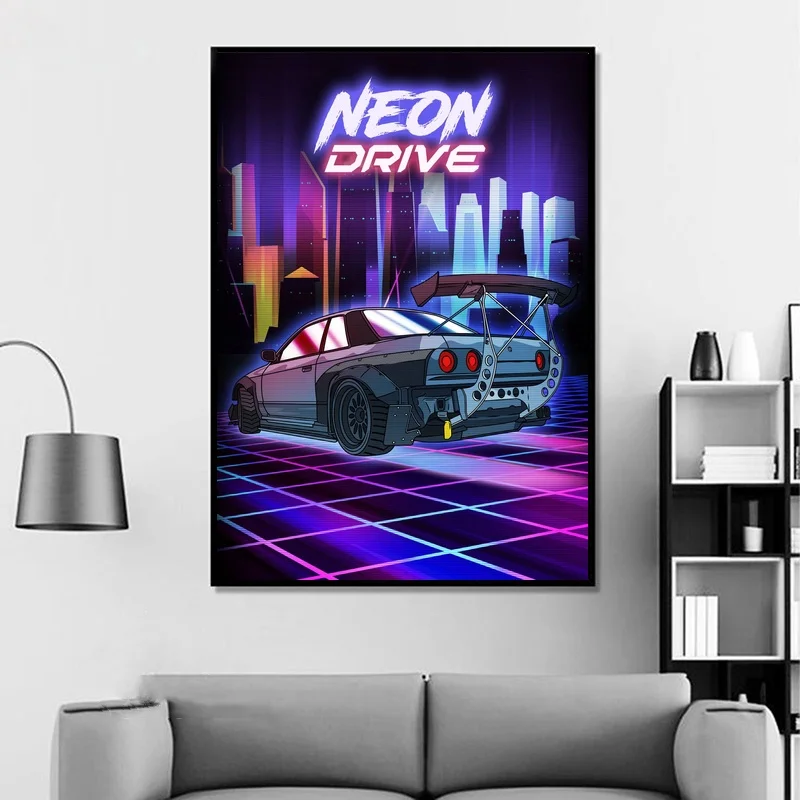 Tokyo Street Racing Nissan GTR Synthwave Neon 80S Poster Decoration Art Poster Home Decor Wall Decor Wall Art Canvas Print-1