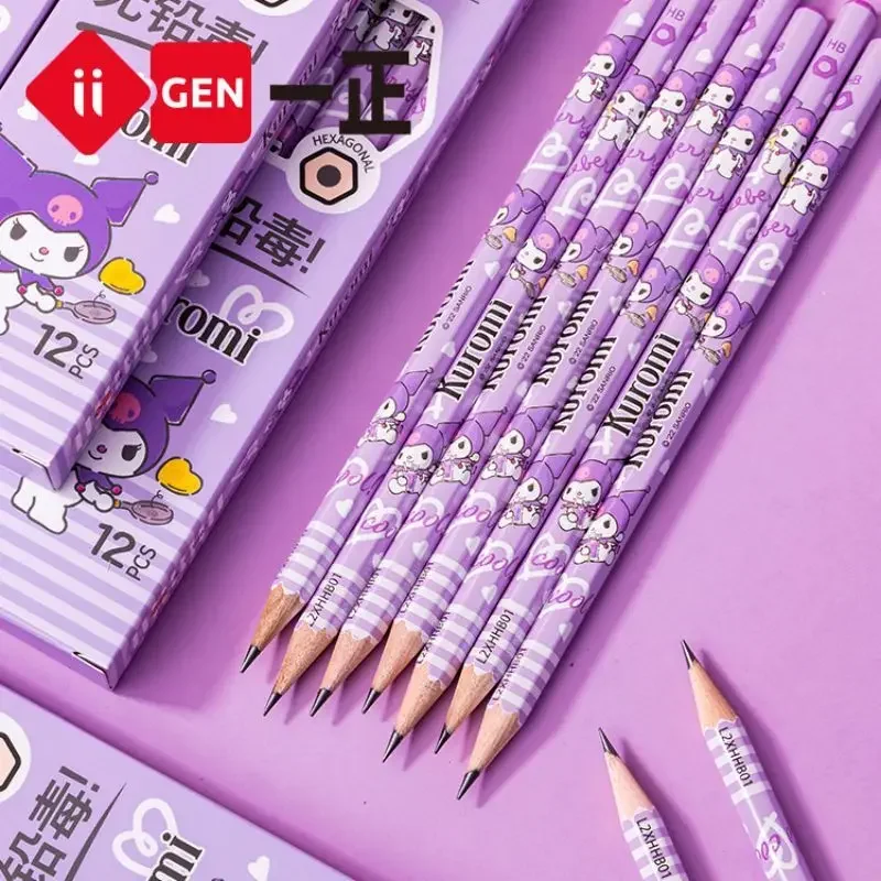 12pcs Sanrio Kuromi Hexagonal Writing Pencil Set Cute Student Pencil HB Wooden Lead Pencils School Stationery Writing Supplies