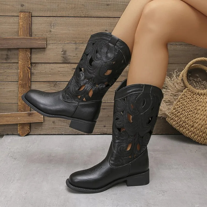 

2025 Hollow Embroidered Vintage Western Boots Women Autumn Chunky Heels Knee High Cowboy Boots Woman Pu Leather Knight Booties