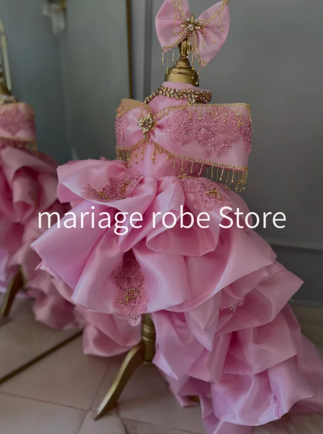Hot Pink Princess Flower Girls Dresses Luxury Off Shoulder Tassel Ruffles Skirt Little Toddler Infant Girls Gown Customized