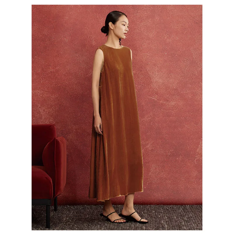 Fengbaoyu Robe femme en velours de soie naturelle - Robe longue rétro sans manches - Vêtements amples et confortables de grande taille