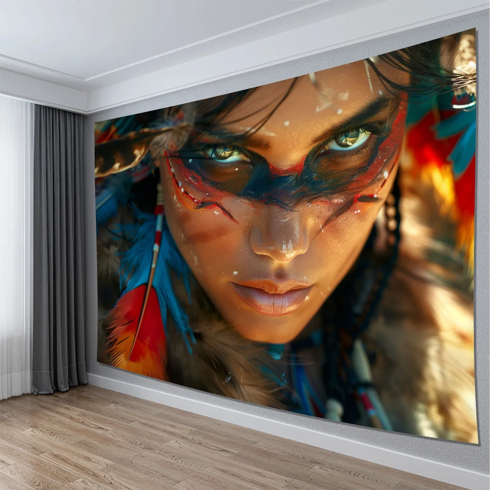 Boho Tribal Woman Portrait Tapestry Wall Hanging Ethnic Bohemian Warrior Decor Art Print Jungle Style Living Room Wall Tapestry