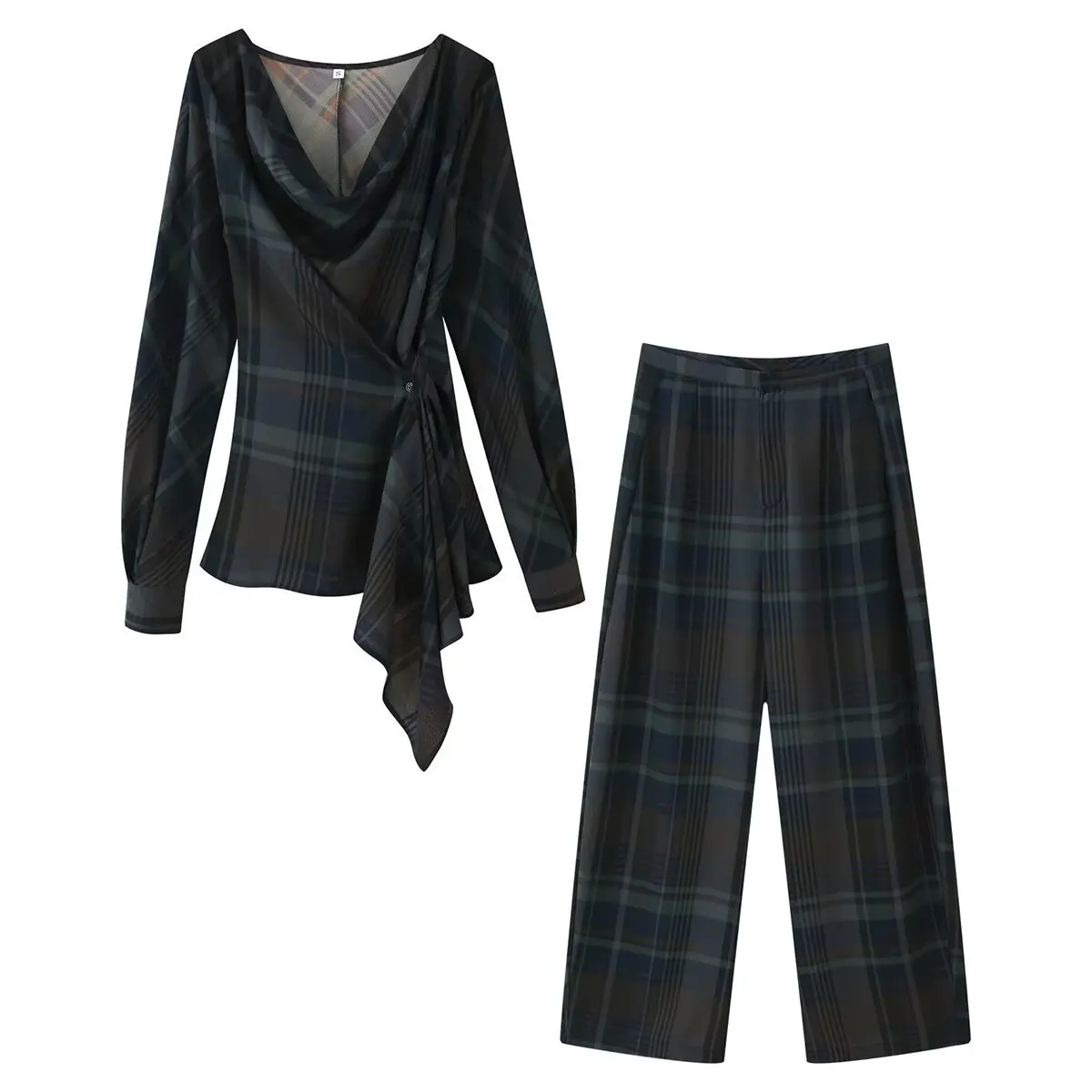 Cross-Border Fashion Design Plaid Shirt Drapey Trousers Set Women's Casual Pants Organic Cotton Elderly Women's Wear