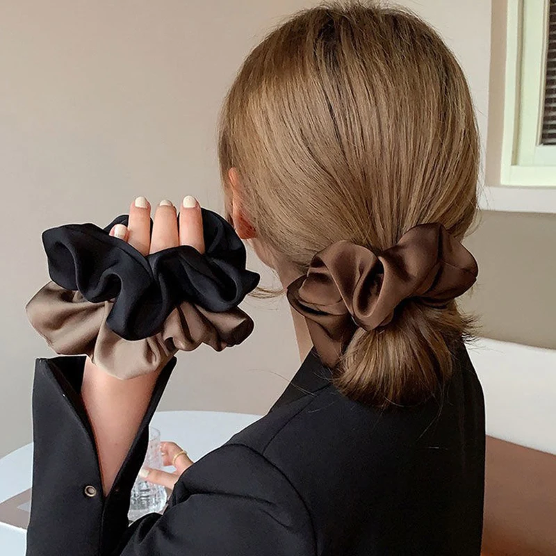 Phụ Nữ Mới Lụa Scrunchie Màu Be Cà Phê Thun Hairbands Đuôi Ngựa Giá Đỡ Satin Dây Buộc Tóc Dây Nữ Cô Gái Phụ Kiện Tóc