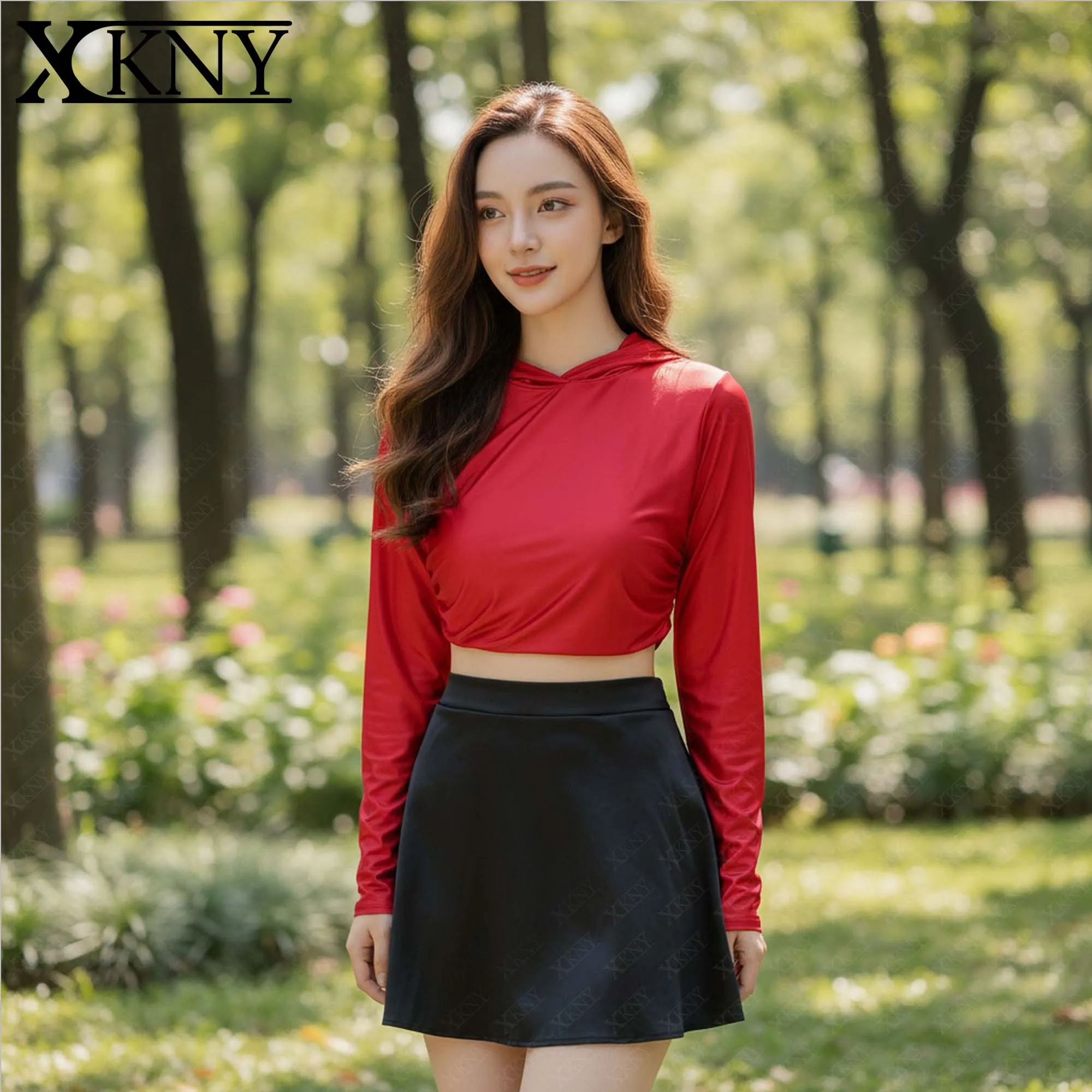 XClocKNYoung Satin Glossy Top Short Hoodie Silk Smooth High Waist Skirt Open Crotch Skirt One Step Skirt