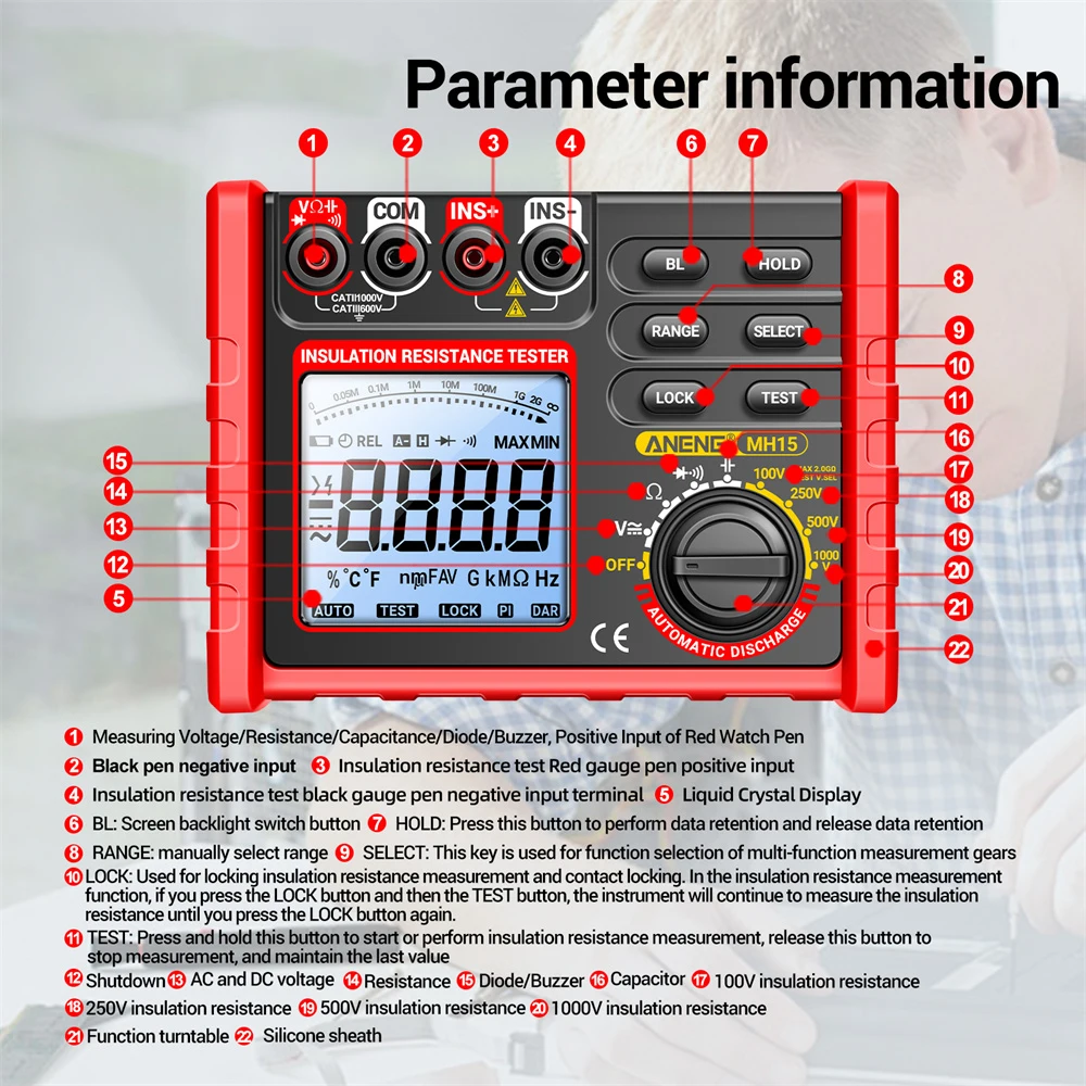 MH15 Insulation Resistance Tester Multifunctional Digital Megohmmeter Automatic Discharge AC/DC Voltage Testing Tool