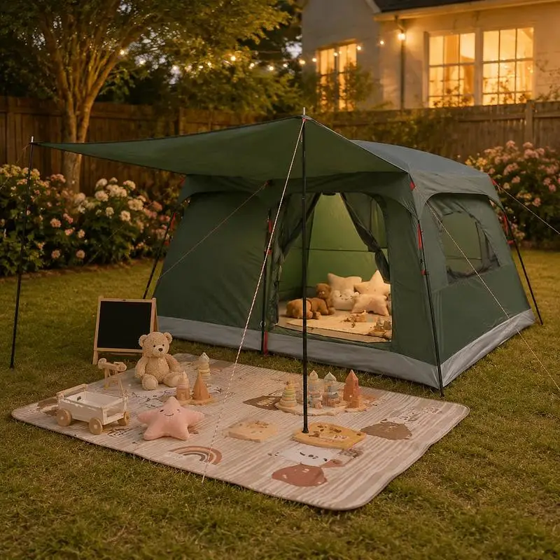 Tente de camping familiale vert olive 420x305x200 cm, structure en polyester et acier, intérieur spacieux pour la randonnée, les voyages et les activités festives en plein air. Parfaite pour le camping, la randonnée et les voyages en plein air.