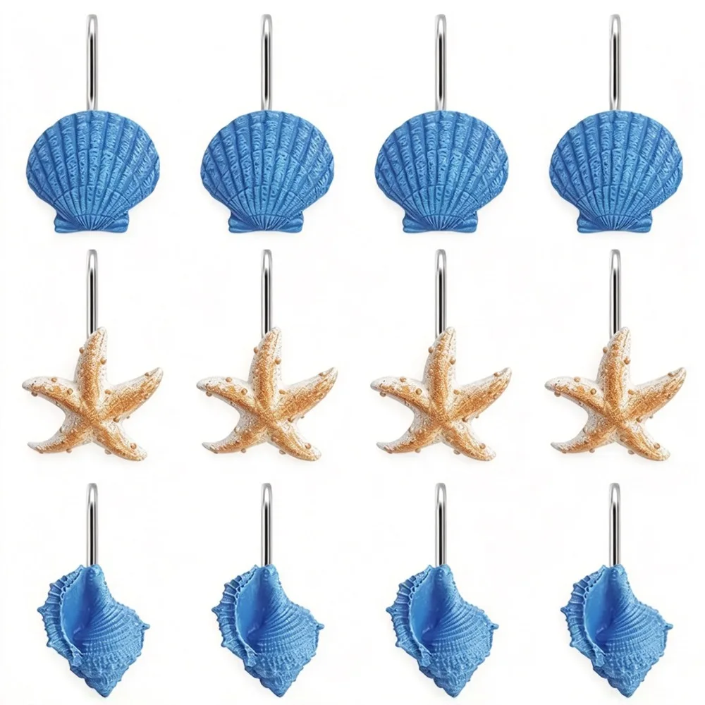 12 Pieces Shower Curtain Hooks Starfish Design Resin Material Ocean Theme Curtain Rings Curtain Rings Style Conch Shell Design