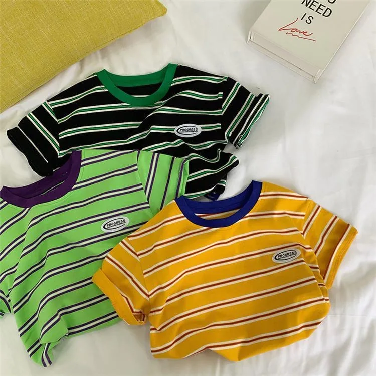 Soft and waxy bottoming shirt Boys' striped T Shirt summer 2022 new style blast street children's round collar short sleeve top