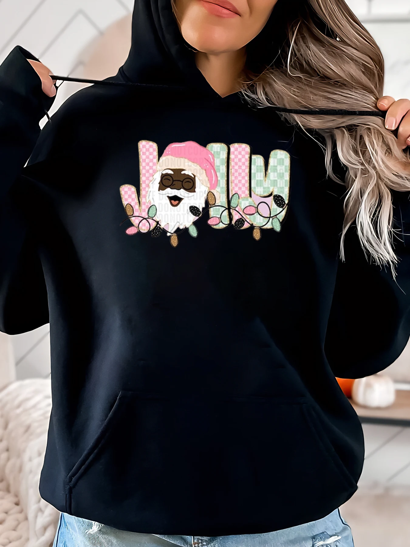 

Санта-Клаус, Рождественская толстовка с капюшоном, женская повседневная зимняя одежда, черная, больших размеров