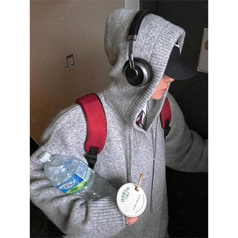 Hoodies Men's Grey Hooded Knit Sweater Autumn Winter Korean Inspired Lazy Vibe Retro Cleanfit Woolen Jacket Coat