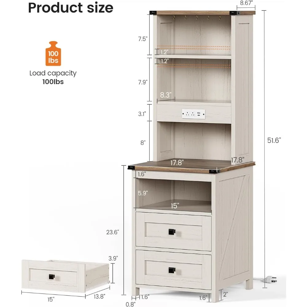 โต๊ะข้างเตียงพร้อมที่ชาร์จ 2 ลิ้นชัก ชั้นวางหนังสือ LED สีขาว โต๊ะข้างเตียง 6 ฟังก์ชั่น