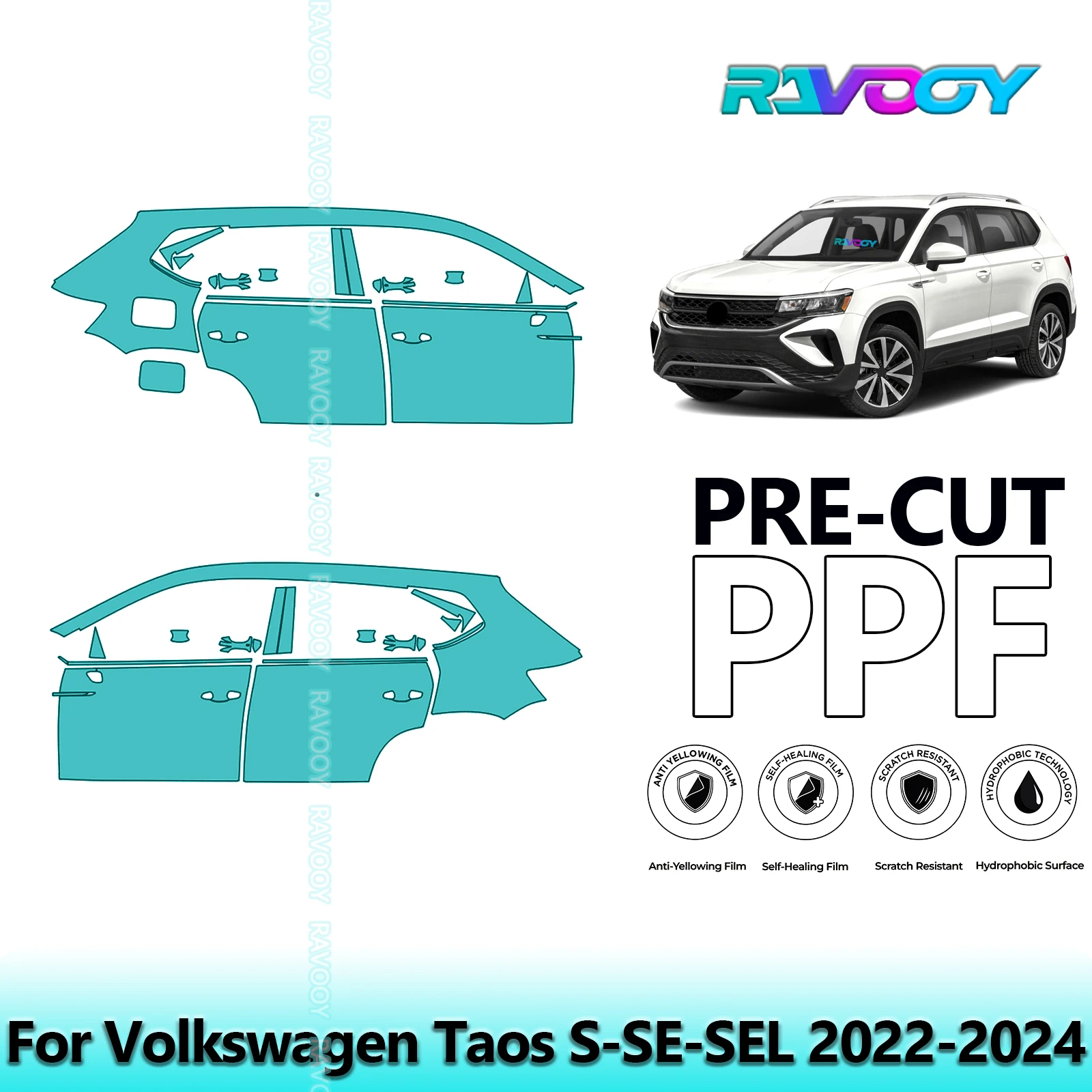 

For Volkswagen Taos S-SE-SEL 2022-2024 8.5mil Clear Matte Pre-Cut PPF Door & A/B Pillar Kit TPU Paint Protection Film Set