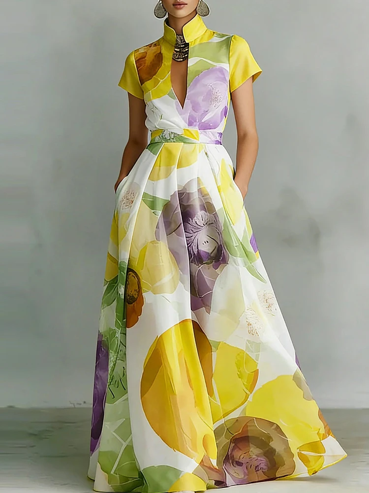 Women Skew Collar One Shoulder Patchwork Maxi Dress Sleeveless Hollow out Summer Fashion Streetwear Elegant Printing Dress 2026