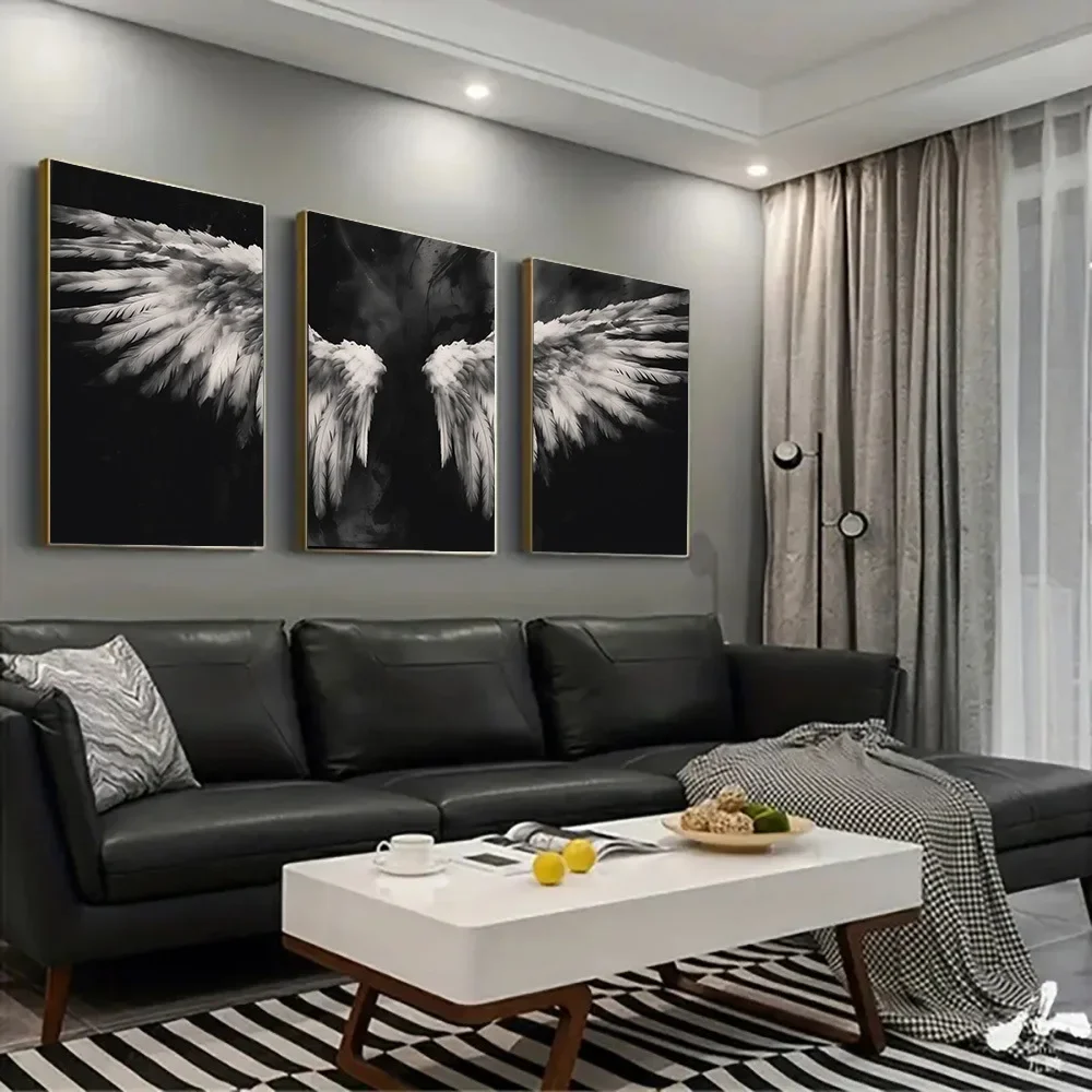 3pcs, Canvas Painting--unframeless, Black and white art of two large angel wings, Living Room Bedroom Canvas Painting Light Luxu