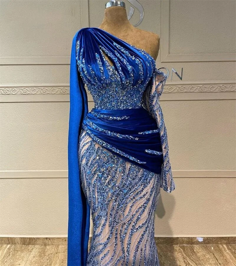 Customized  High Quality Blue One Shoulder Mermaid Floor-length Sweep Train Beaded Платье Женское Вечернее Rhinestone Gown