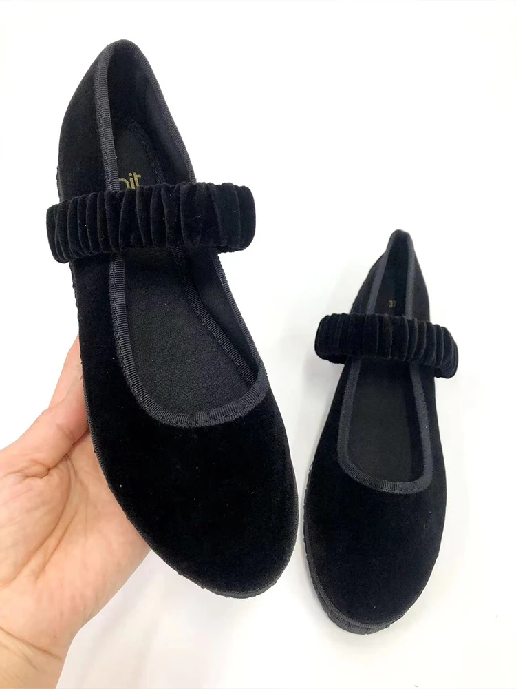 Elastic Band Velvet Mary Janes Ballet Flats Shoes Women 2024 Trend Solid Color Fabric Canvas Shoes Ladies Elegant Loafers Black