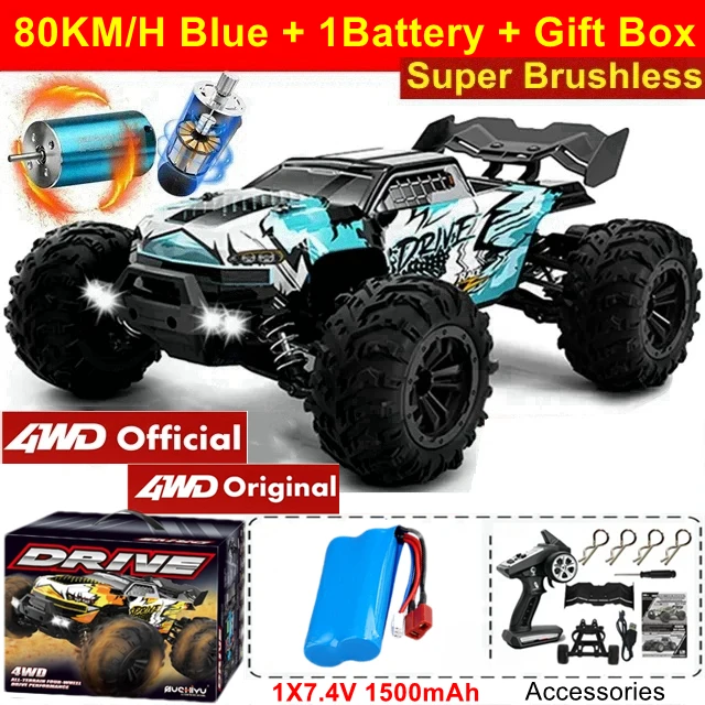 Super borstelloze 80 km of 50 km/u 4WD RC auto met LED-afstandsbediening auto's hoge snelheid drift racen 4x4 off-road vrachtwagen kind volwassen speelgoed