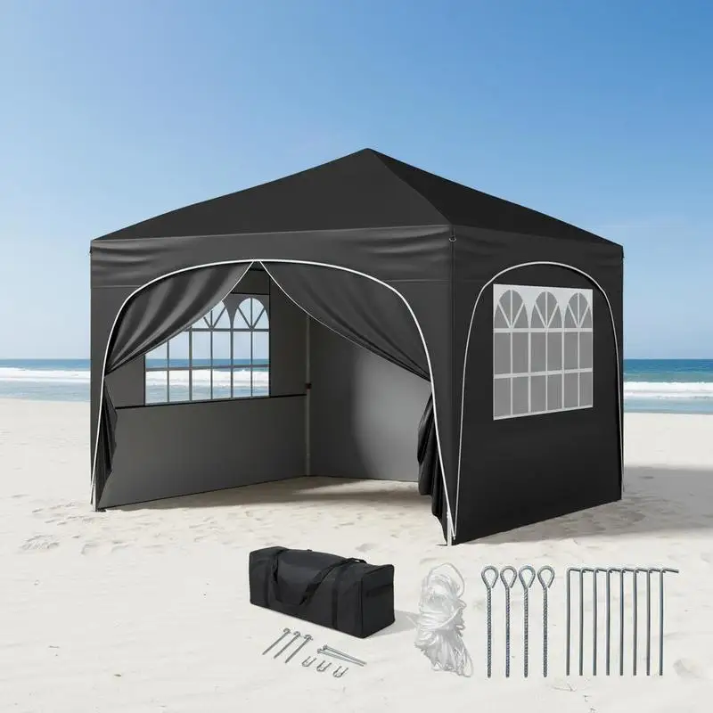 Tonnelle pliable noire 3x3m, abri solaire pour plage et jardin avec 4 parois amovibles. Structure métallique robuste, montage rapide, tissu résistant anti-UV, livré avec un sac de transport compact pour le rangement.