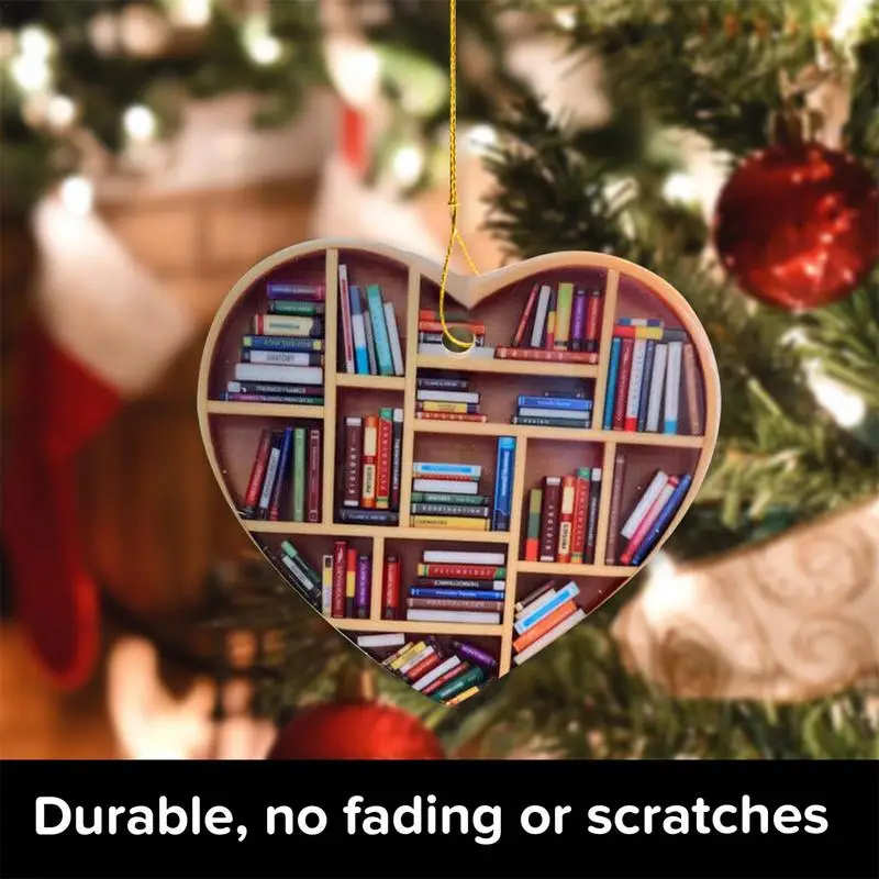 Book Lovers Heart Shaped Wooden 2D Bookshelf Christmas Pendant Wear And Fall Resistant Door Window Tree Hanging Decoration