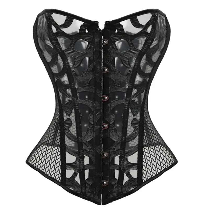 

Black Mesh Corset Tops for Women Lace Up Busiter Lingerie Satin Overbust Shapewear Outfit for Costume Halloween Strapless Vest