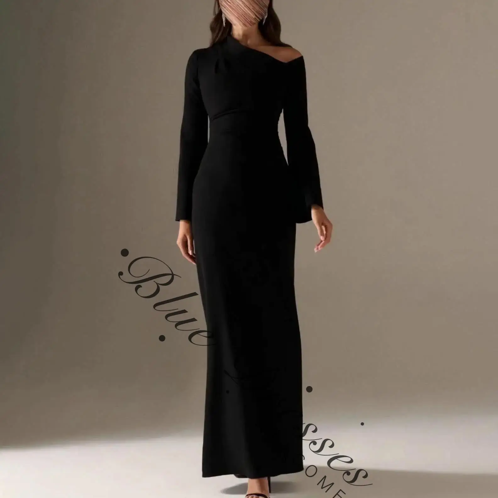 

customized Black One Shoulder Long Sleeve Simple Elegant Evening Dress A Line Ankle Length Formal Prom Gown For Woman