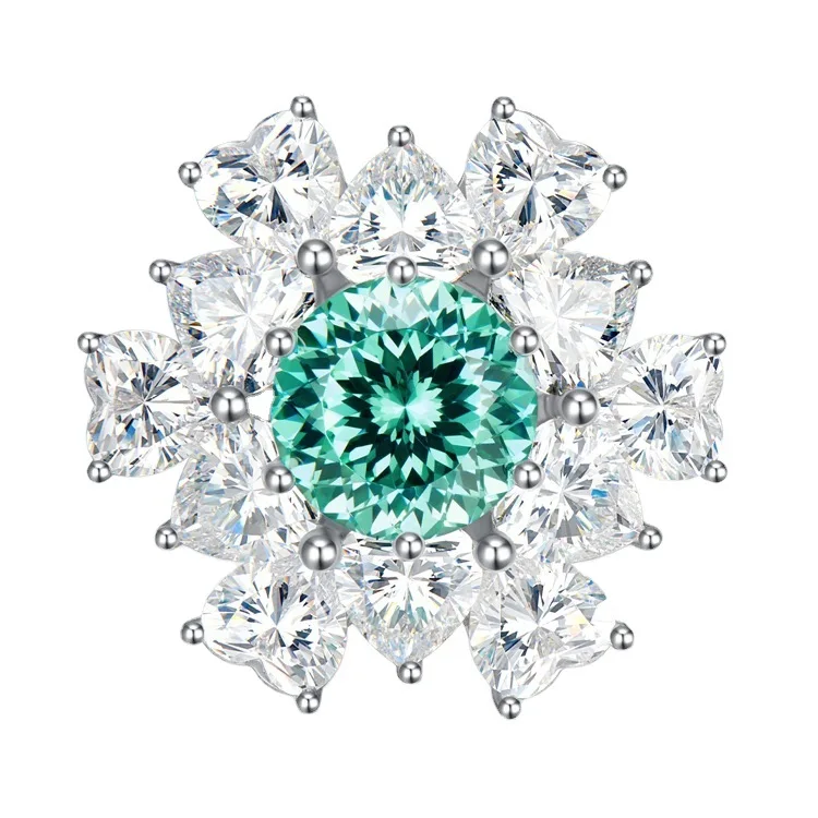 

2022 New 925 Silver Paraiba 9mm Fireworks Cut High Carbon Diamond Women's Ring Live Edition